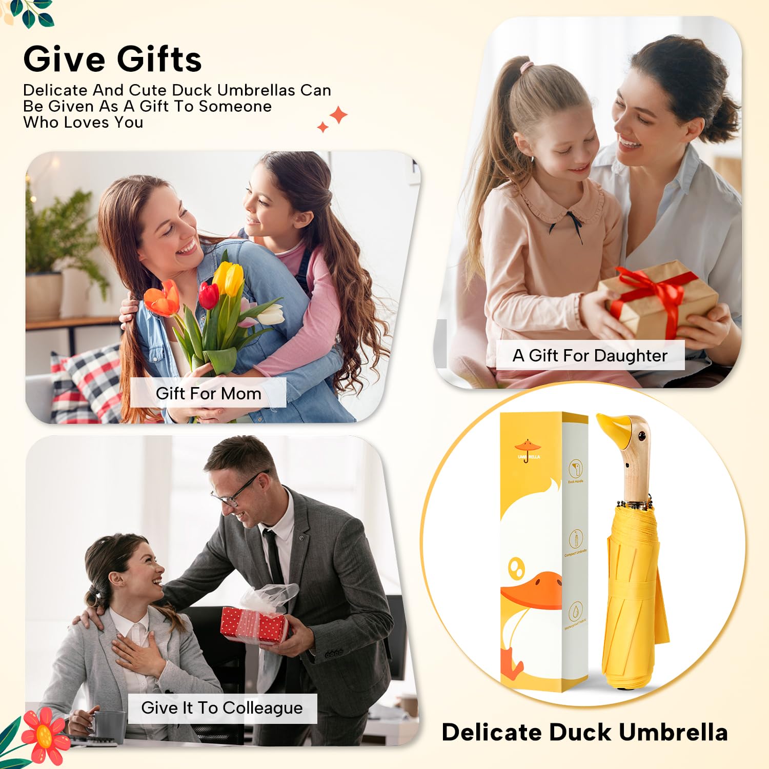 Paraguas pequeñas compactas para lluvia y sol, paraguas de cabeza de pato de diseño lindo para regalos de niñas, paraguas plegable de 8 varillas con mango de madera, 01. Amarillo 4