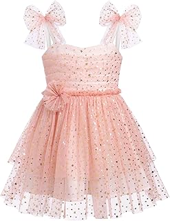 Baby Girls 1st Birthday Outfit Colorful Love Star Sequins Print Tulle Tutu Dress Sleeveless Spaghetti Straps Bowknot Decor Princess Party Cake Smash Clothes for Photo Shoot Pink Stars 6-12 Months