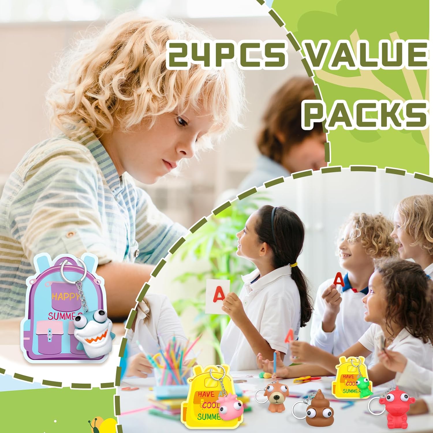 24 Sets Summer Gifts Squeeze Raised Eyes Animal Keychains with Cards Stress Relief Sensory Fidget Gifts for Summer Activities Supplies End of Year Gifts Birthday Gifts Party Shelf