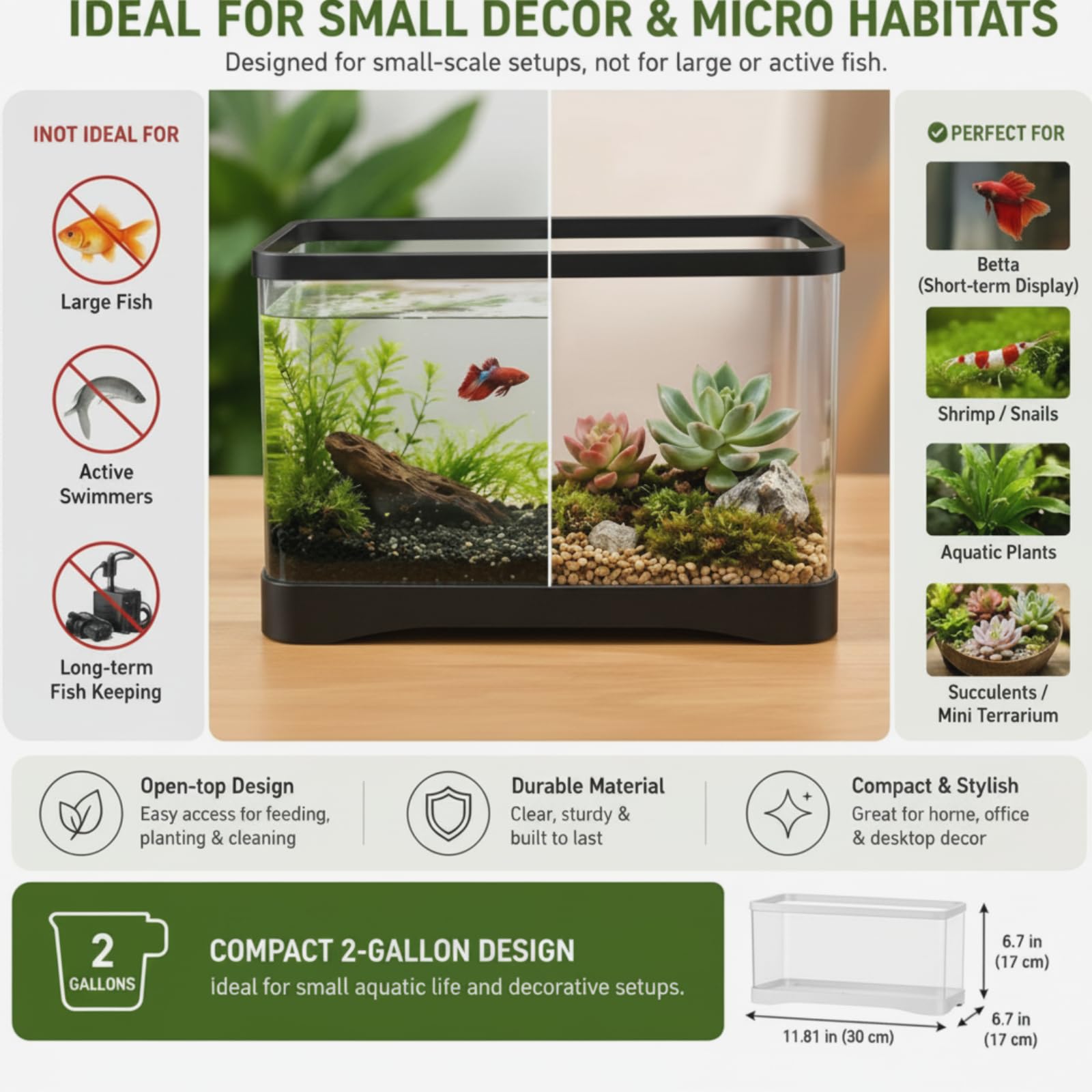 Geelin Aquarium rectangulaire en plastique de 7,6 litres pour poissons Betta, reptiles, plantes succulentes, fleurs, centre de table, incassable avec clarté transparente pour la maison et le bureau