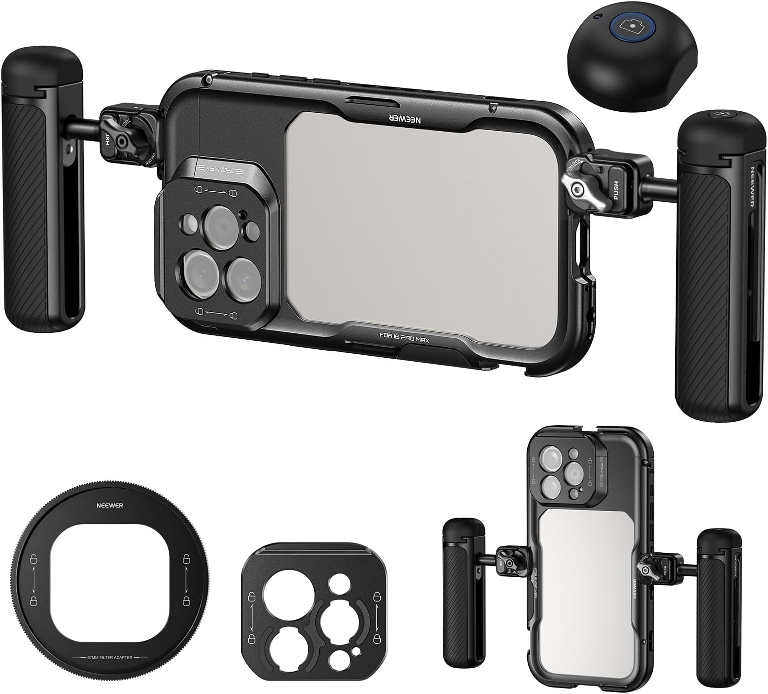 NEEWER Phone Cage for 16 Pro Max Video Rig with 2 Quick Release Side Handles, 67mm Filter Adapter, 17mm Lens Mount...