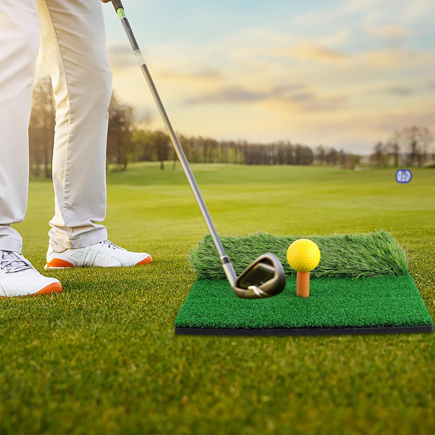 Golf Practice Net Training Aids Set with Blue Nylon Net, 30x30cm Mini Hitting Mat, 3 Elastic Tees, and 6 Yellow Pu Balls for Indoor and Outdoor Golf Chipping Practice