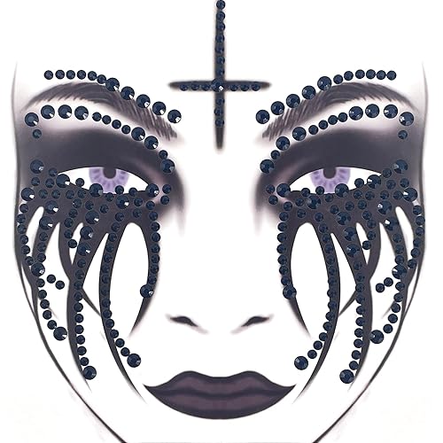 Miniatura 5 de Paquete de 2 calcomanías de cara de Halloween, gemas de payaso, maquillaje de monja, tatuaje de cara temporal de diamantes de imitación para