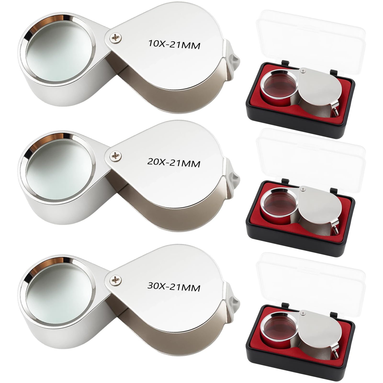 3 Pcs Jewellers Loupe, Jewellery Magnifier with 10X/20X/30X Magnification, Folding Hand Lens, Magnifying Glass for Jewelry Identification, Watch Repair, Coin Collection, Reading