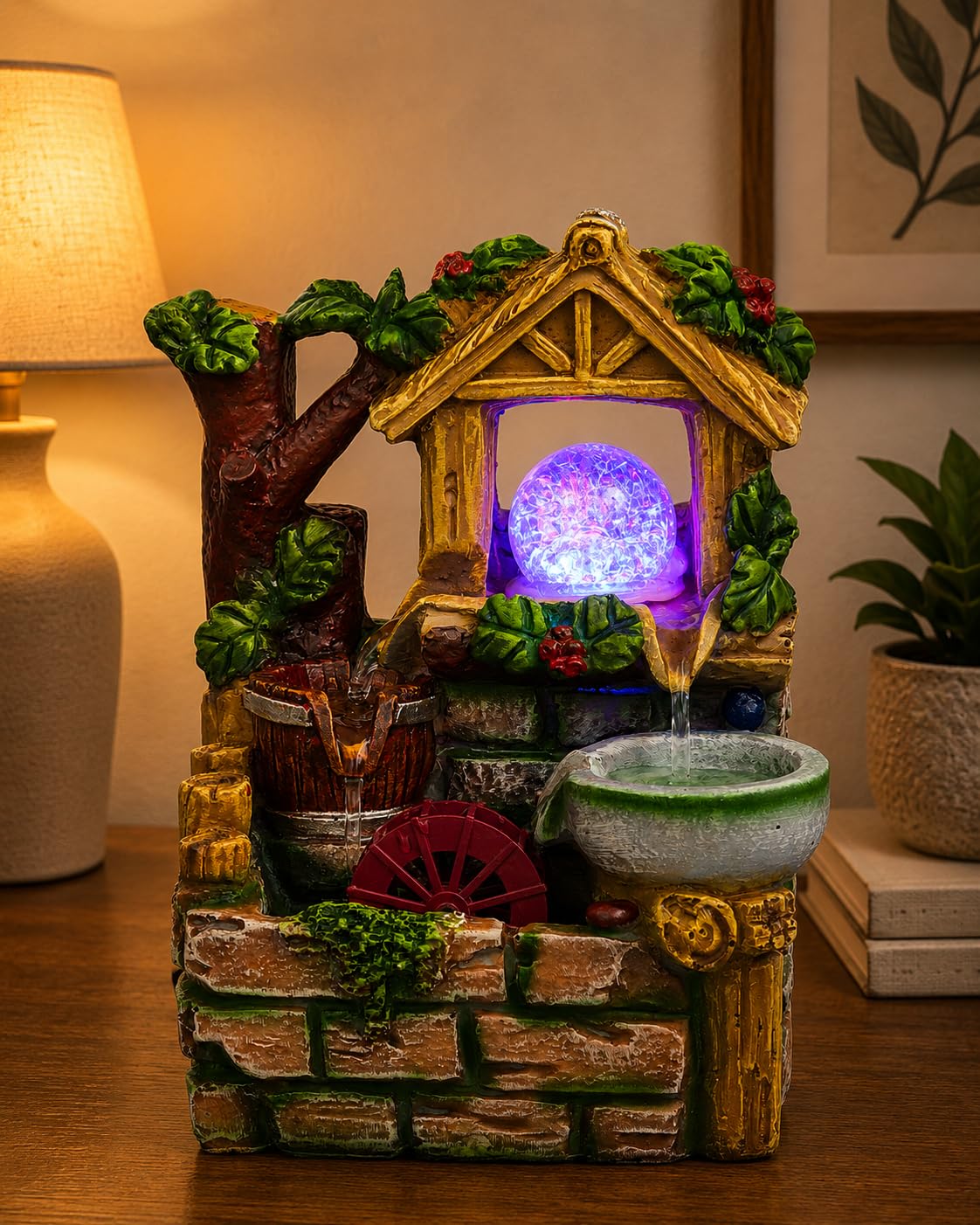 CHRONIKLE Polyresin Hut Shape Tabletop 3 Steps Indoor Water Fountain for Home Decor with LED Light, Speed Controller Pump & Crystal Ball (Size: 15 x 18 x 28CM |Color: Multi | Weight: 920 Gram)-image-37