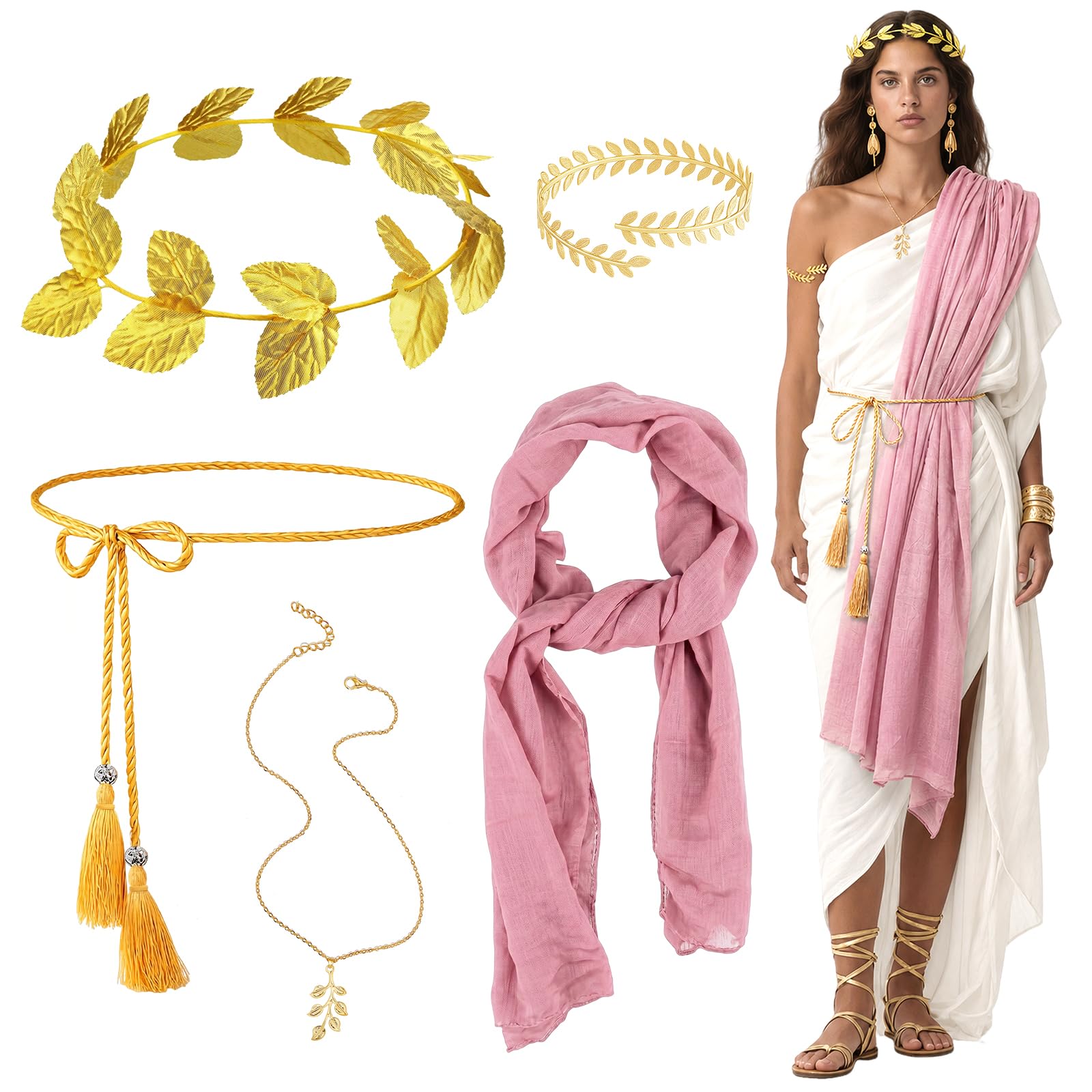 Bryndo 5 Pcs Greek Goddess Costume Accessories Set for Women Girls, Ancient Roman Toga Fancy Dress with Belt Red Sash Golden Leaf Headpiece Bracelet Necklace for Party Bridal Wedding Halloween (Pink)
