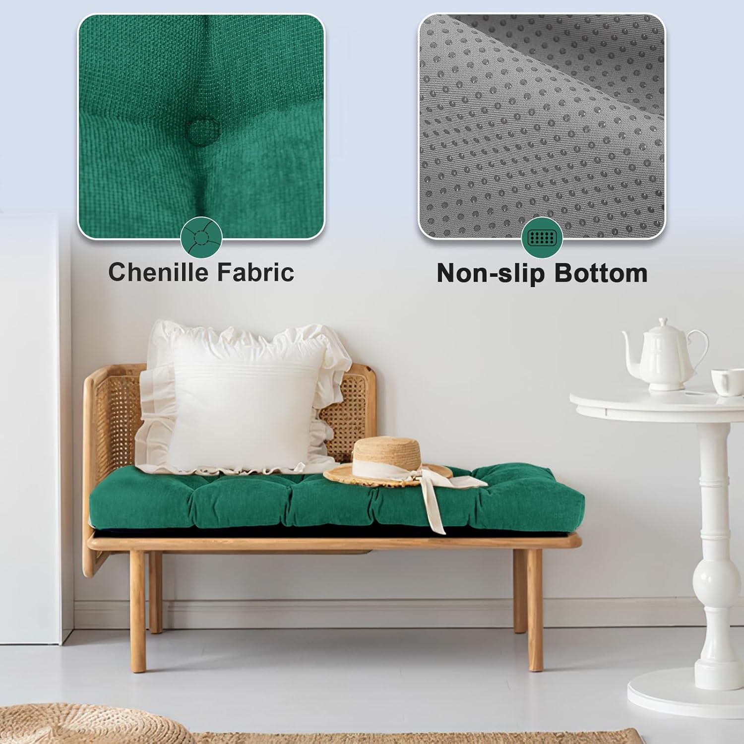 48 Inch Bench Cushion, Tufted Window Seat Cushion with High-Density Memory Foam, Soft Chenille Non-Slip Indoor Furniture Pad for Bay Window, Dining Bench, Entryway(Green, 48x16x4)