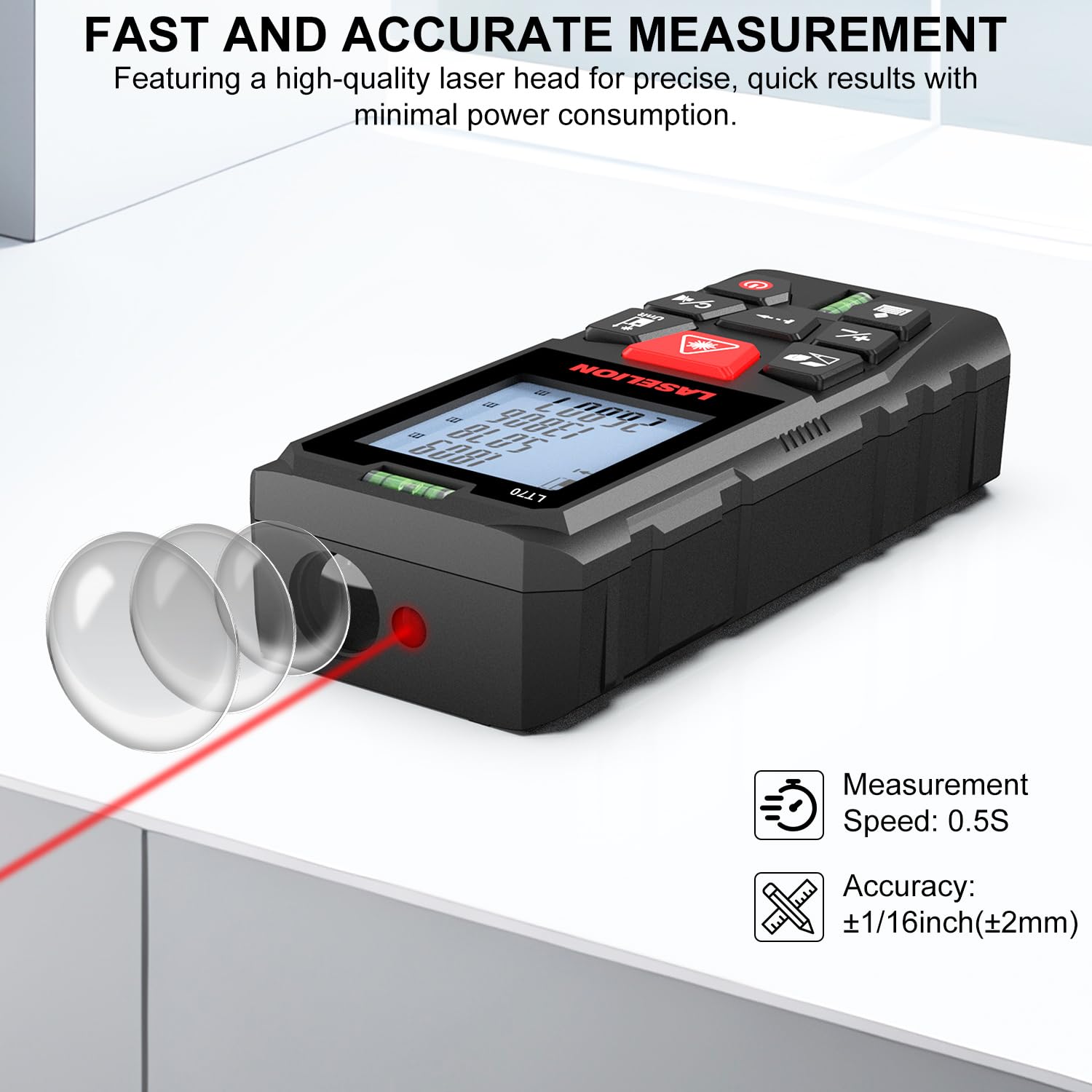 Medidor Láser 70M, LASELION Láser Medidor Distancia con 2 Burbujas de Niveles, Alta Precisión,Telémetro Láser IP54 Herramienta de Medición Digital Portátil, Pantalla LCD Retroiluminada