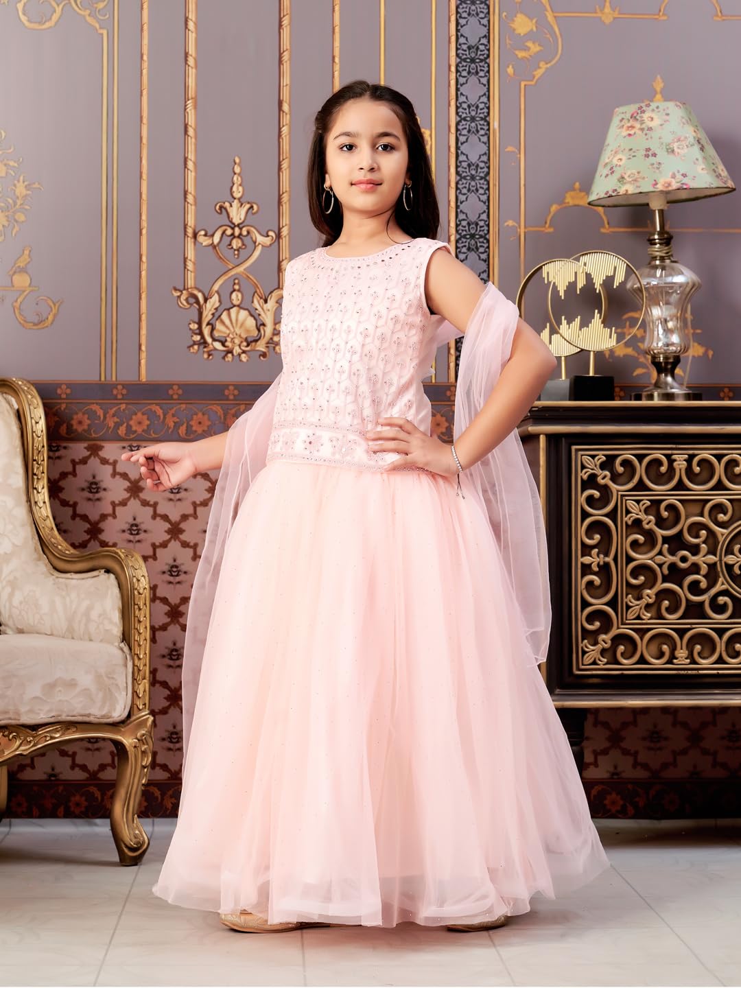 Aarika Girls Ethnic Wear Peach Colour Mirror Embroidery Net Lehenga Choli Set With Dupatta-3-13 Years (Lch-18273)