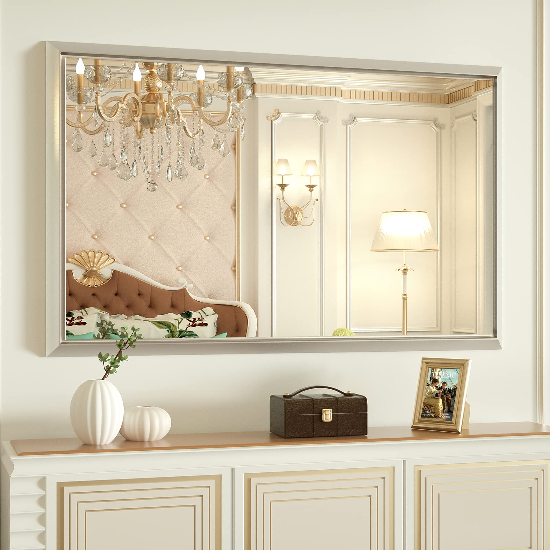 PILOCOS 48 x 30 Inch Bathroom Vanity Mirror, Silver Bathroom Mirror for Wall with Beveled Aluminum Alloy Metal Frame Square Corner for Modern, Minimalist, Farmhouse (Horizontal/Vertical)