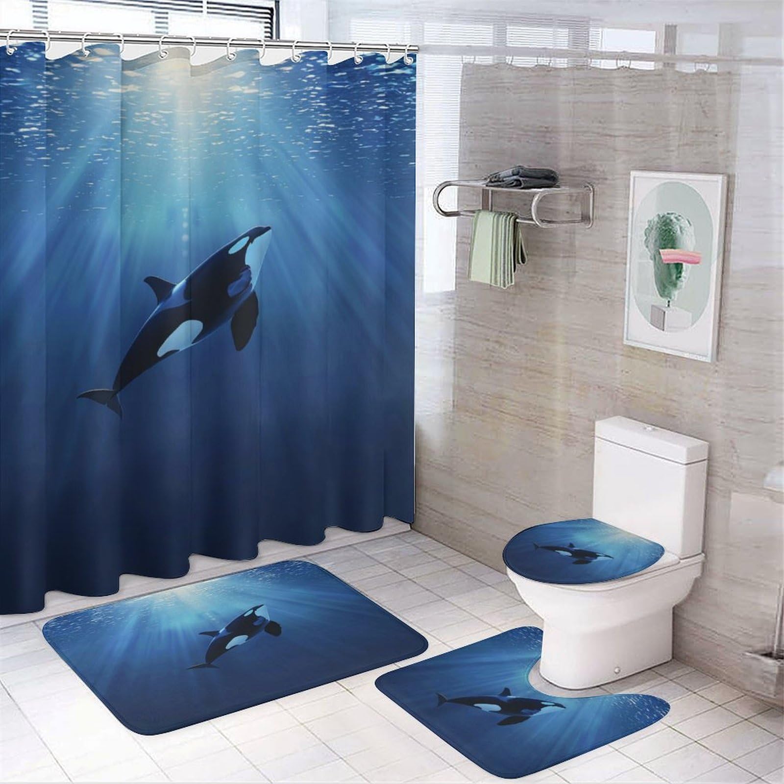 TOWINSFB 4Pcs Coastal Orca Whale Shower Curtain, Funny Undersea World Ocean Animal Shower Curtain Sets with Toilet Lid Cover, U-Shaped Mat and