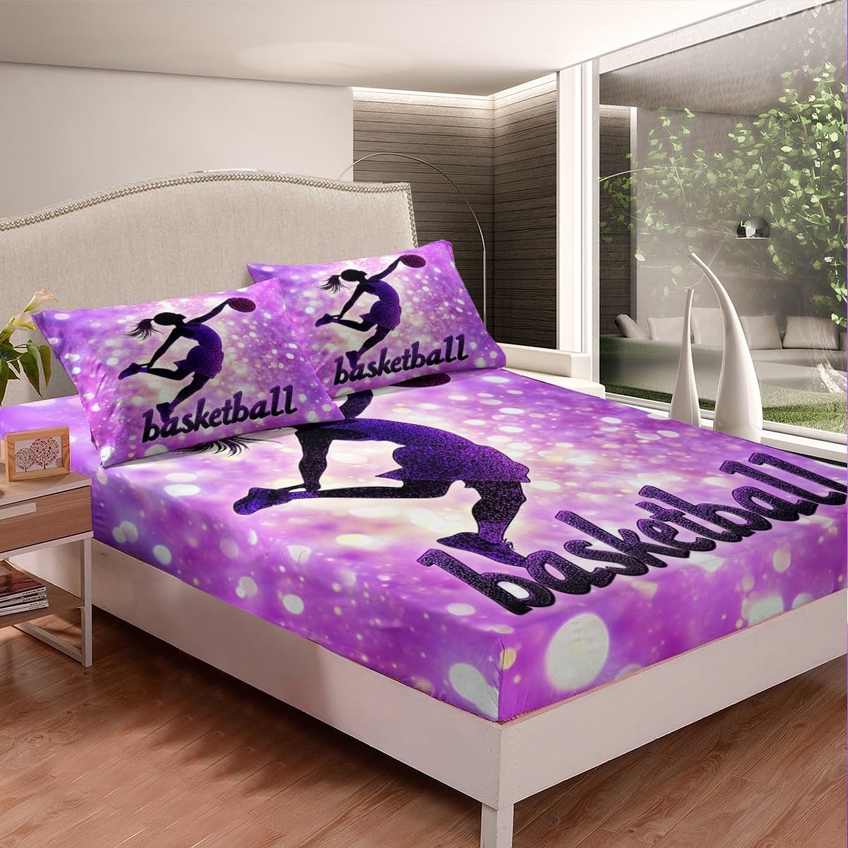 jejeloiu Basketball Fitted Sheet Twin Size Kids Sports Game Bedding Set for Boys Girls Teens Bright Purple Bed Sheet Set