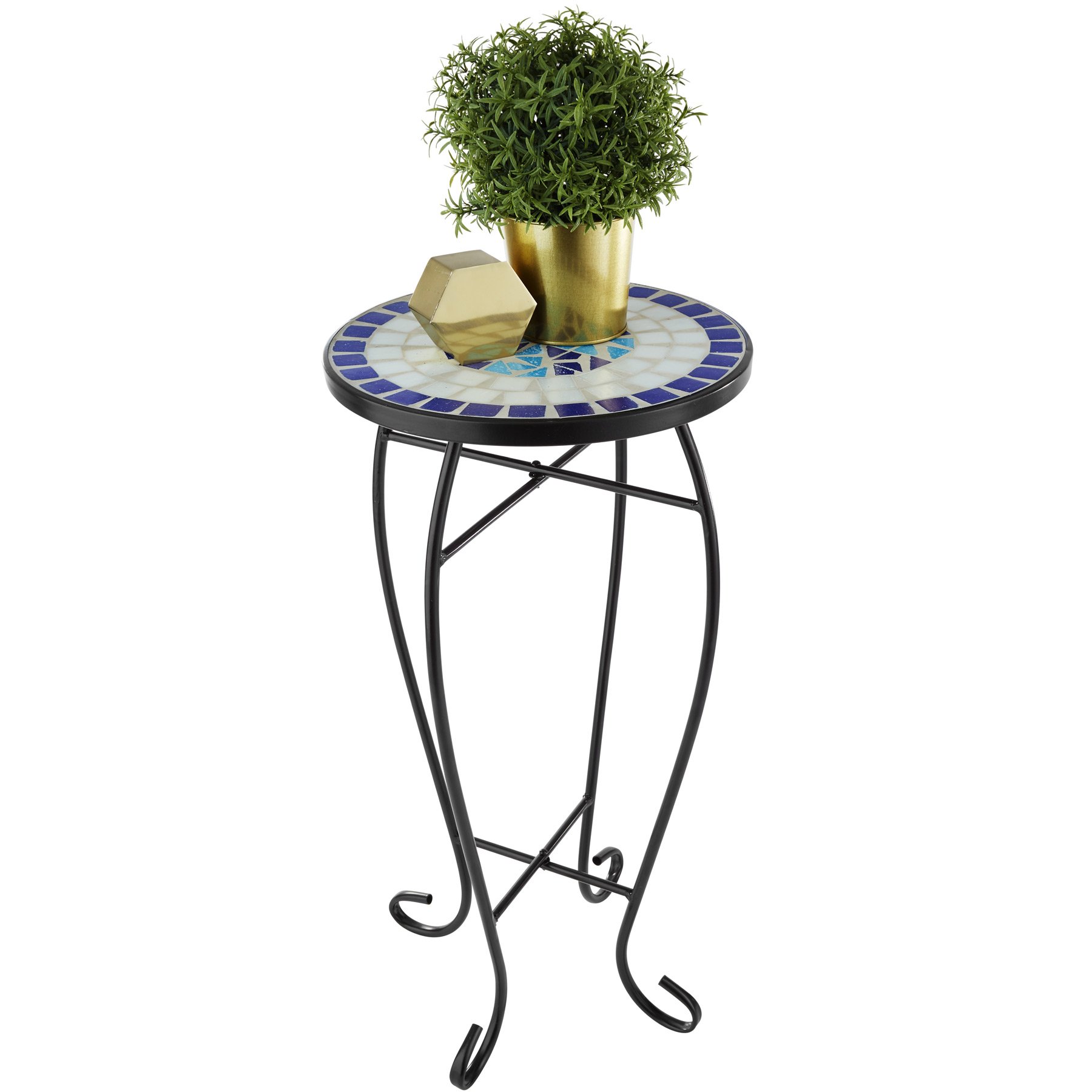 tectake Tavolo da Esterno 30x30x61,5 cm Mosaico di Pietra Gambe Arcuate Tavolo Rotondo per Giardino Terrazzo Balcone Bianco Blu