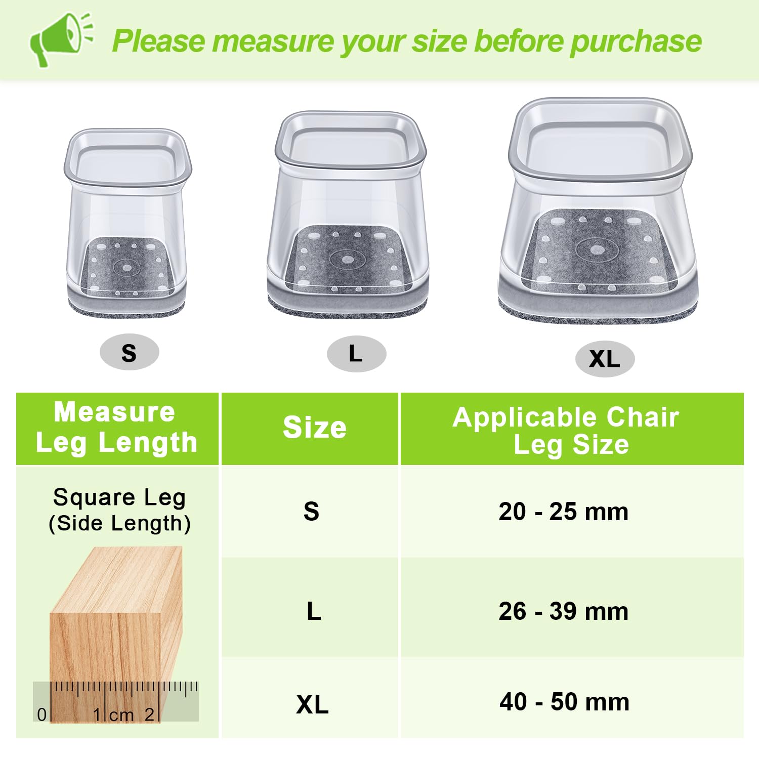 32 Pezzi Gommini per Sedie Quadrati, Feltrini Trasparenti in Silicone, Tappi Grandi per Gambe di Mobili con Fondo in Feltro, Protezione per Pavimenti in Legno (Fit: 40-50 mm)