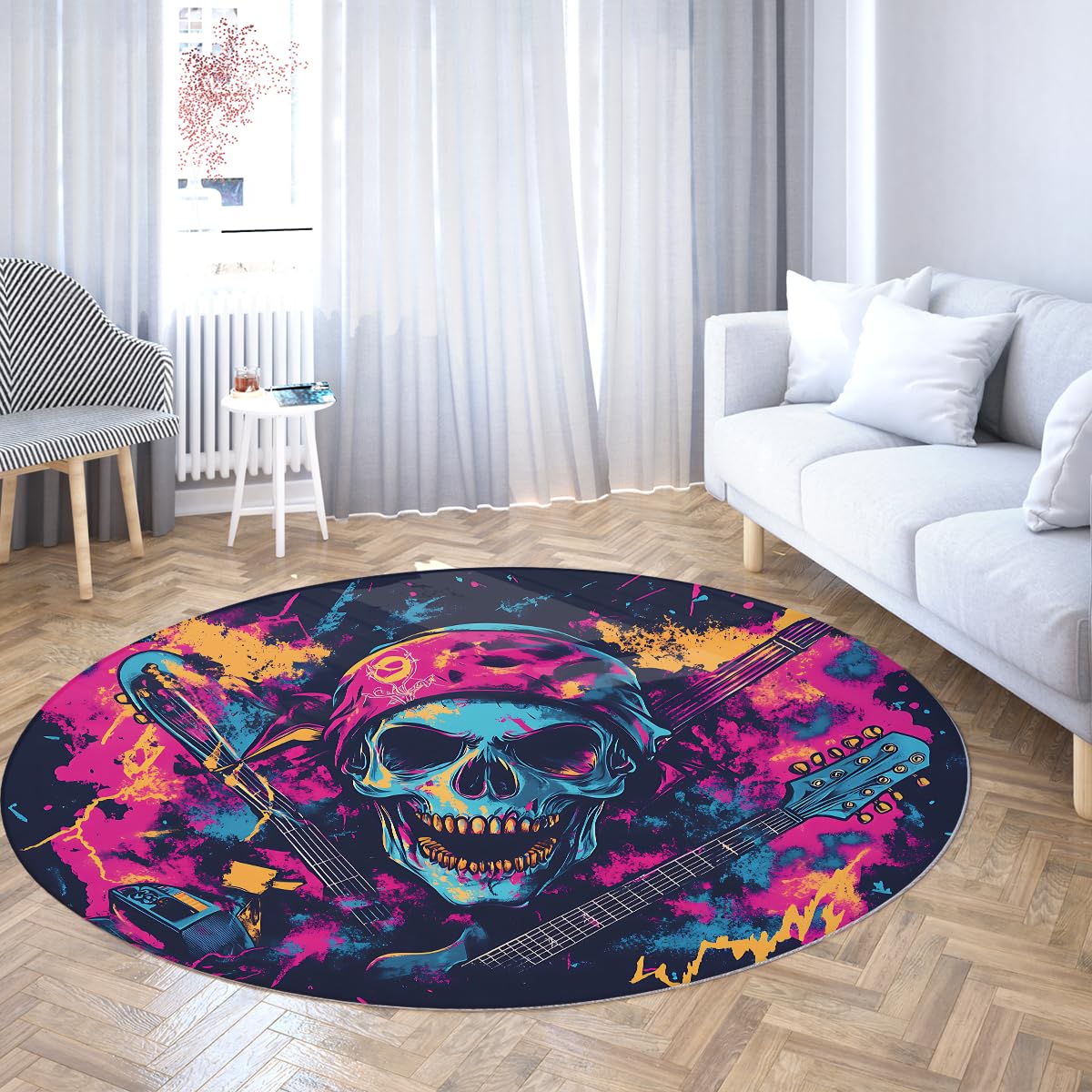Tapis rond tête de mort néon 150cm antidérapant et lavable pour chambre d'ado