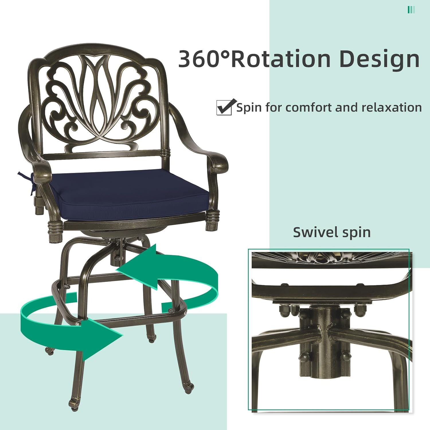VIVIJASON 10-Piece Outdoor High Patio Dining Set, Free-Rust Cast Aluminum Patio Bar Table and Chairs Set, Includes 8 Swivel Bar Stools & 61" Bar Height Dining Table W/ 31" Lazy Susan, Umbrella Hole