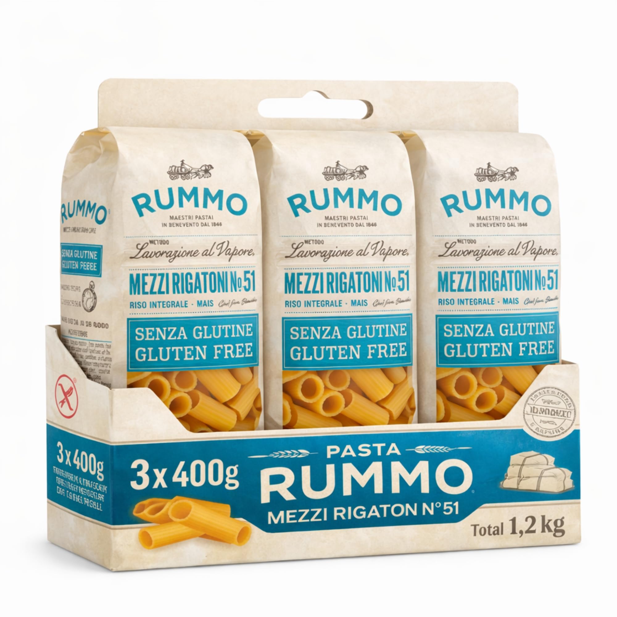 Pasta Rummo Mezzi Rigatoni SIN Gluten nº 51, Pasta Italiana, Pasta alimenticia con harina de arroz integral y maíz, Sin gluten, Elaboración lenta, 3 Paquete de 400 gr