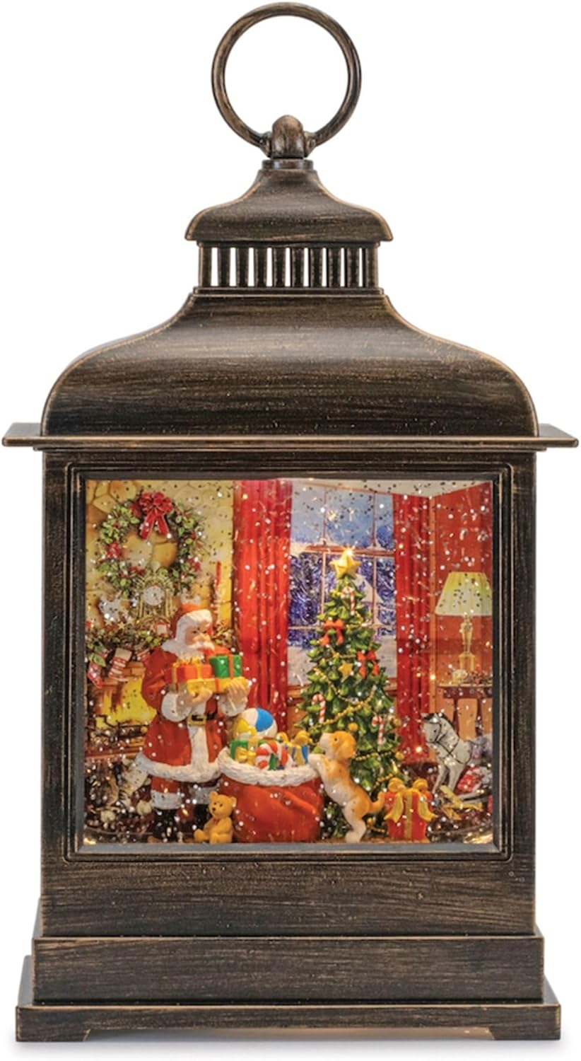 Melrose International LED Snow Globe with Santa, Tree & Sleigh - 6hr Timer - USB & Battery Powered - Bronze