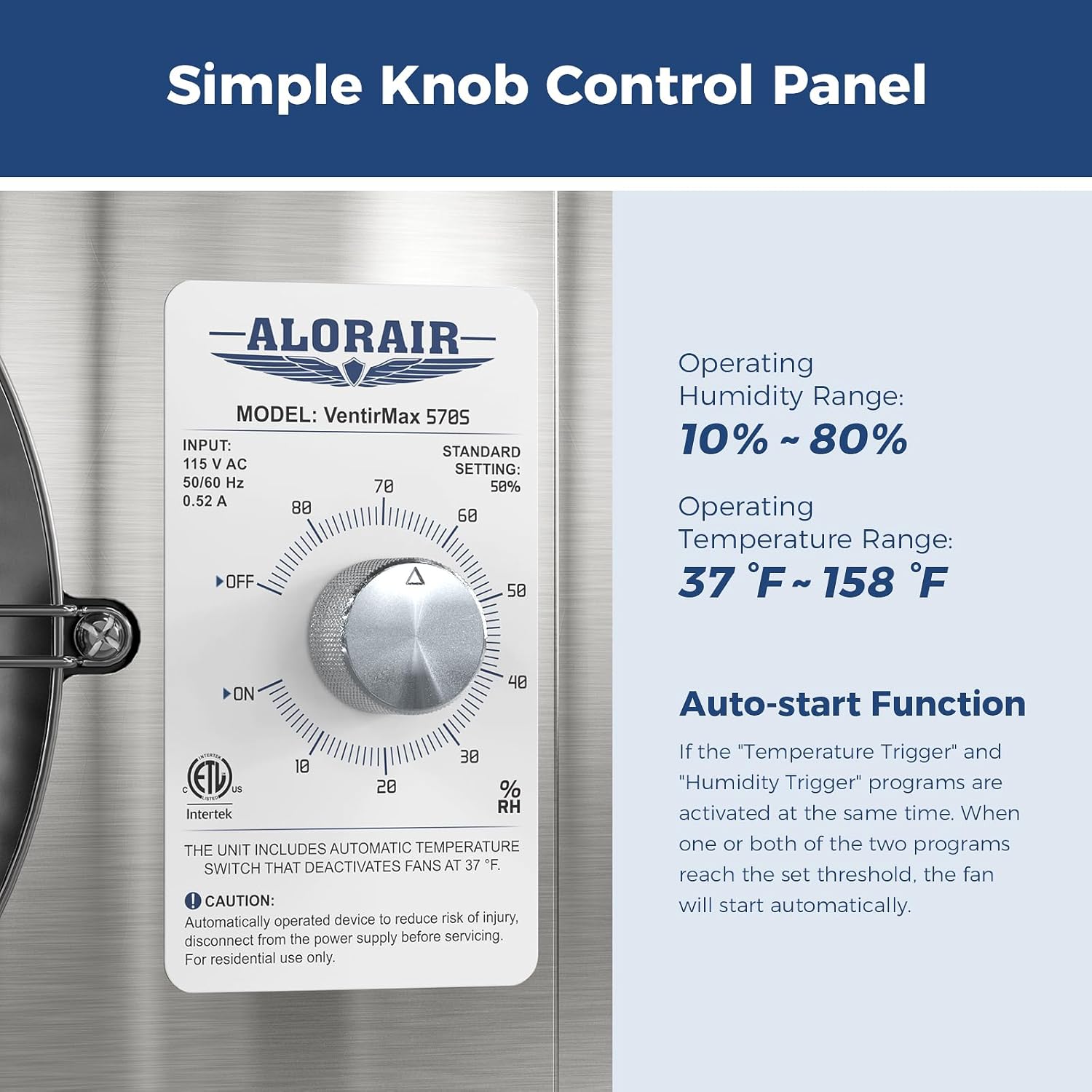 Close-up of the ALORAIR VentirMax 570S control knob with humidity settings from 10% to 80% RH, and ON/OFF switch. Also shows temperature range and auto-start function details.
