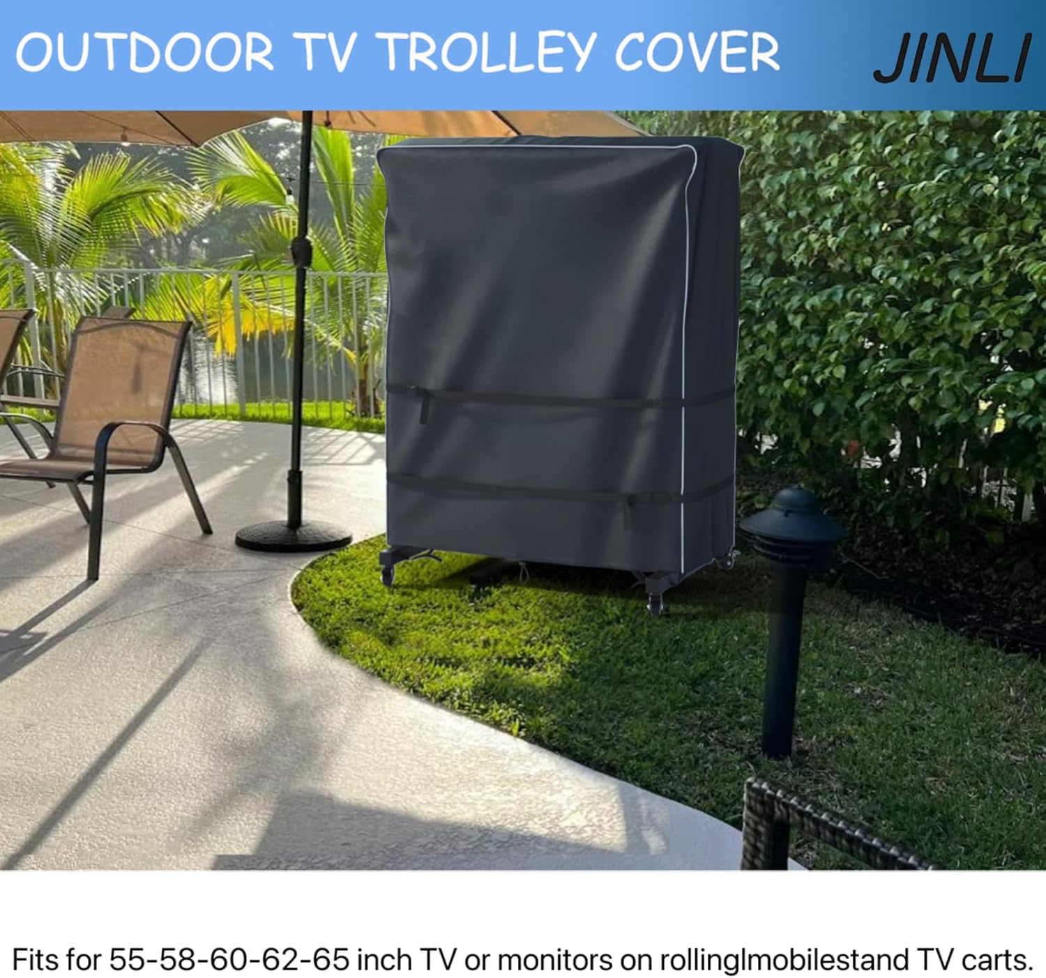 JINLI 60-65 inch outdoor TV trolley cover, courtyard TV cover, Oxford fabric waterproof and dustproof, triple windproof design, compatible with rolling/mobile stand