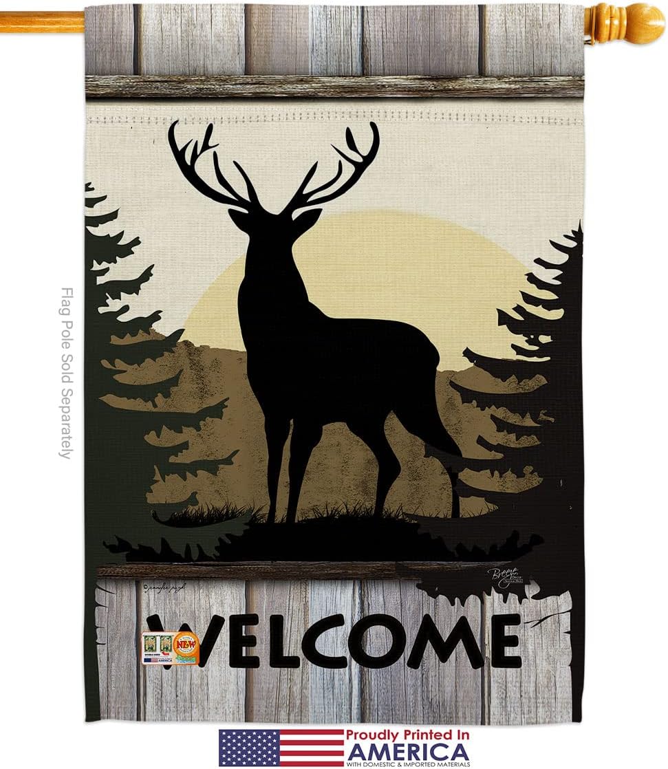 Welcome Deer Garden House Flags Set Animals Wildlife Outdoor Bear Wolf Pet Nature Farm Animal Creature Small Decorative Gift Yard Banner Made In USA 28 X 40
