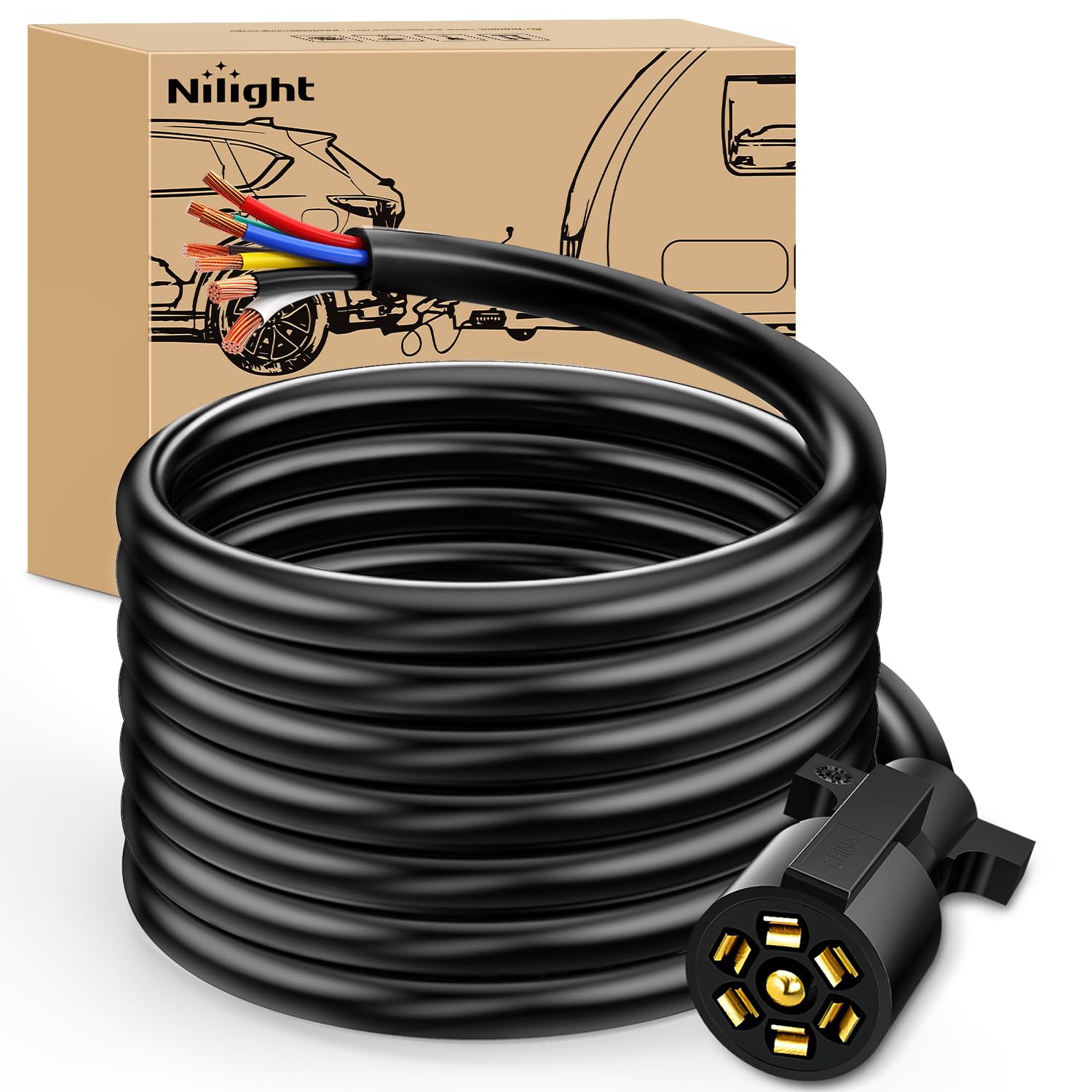 Nilight 7Way 16FT 7 Way Trailer Extension Cord Heavy Duty Plug Inline Cord 16 FT for Truck Camper Blade Molded RV Cable Wire Weatherproof Corrosion Resistant 7 Pin Trailer Plug Wire Harness