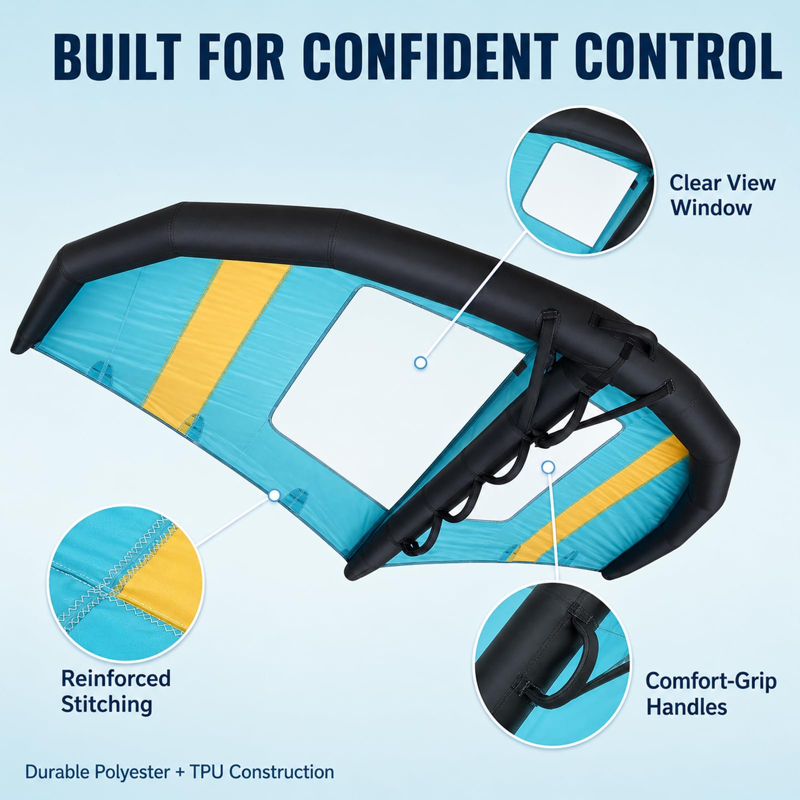 Ala Wing Hinchable de Mano para Windsurf, Surf y Deportes Acuáticos | Tamaños 4/5/6 m², Bomba y Bolsa de Transporte Incluidas, Uso Sin Arnés, Líneas ni Barra de Control