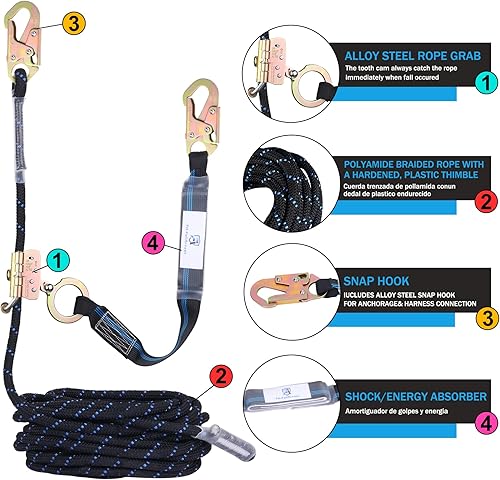Miniatura 2 de Conjunto de cuerda de vida vertical de 50 pies con cuerda antipánico de acero aleado, gancho de presión, cordón de absorción de golpes, cuerda de