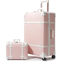 NZBZ Vintage Luggage Set for Women, 2 Piece Retro Trunk Suitcase with 14" Travel Case, Spinner Wheels, TSA-Accepted Lock & Protective Cover, Sakura Pink, 28/14 Inch