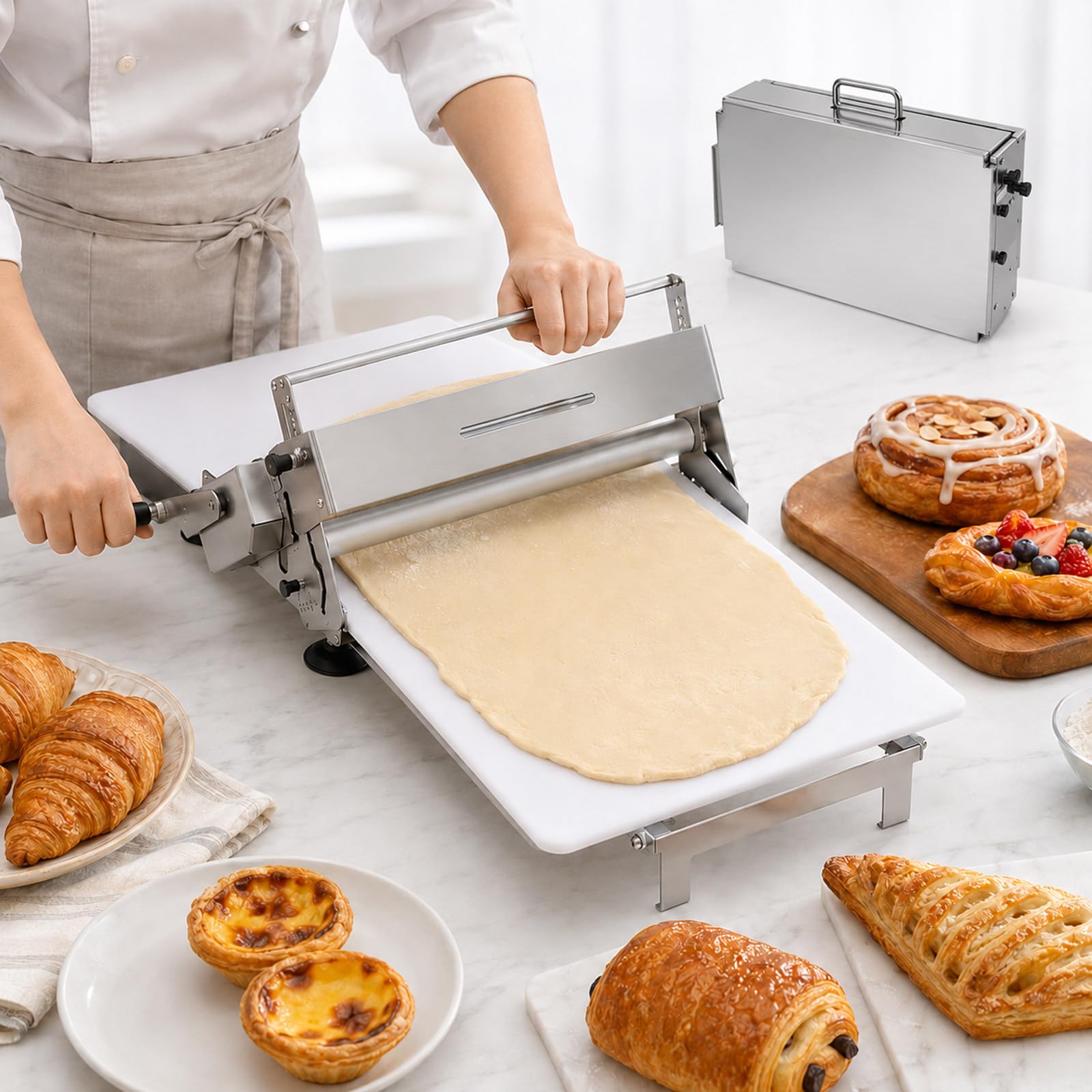 MASTLOUFUL Manual Dough Sheeter, 15.7 in Work Board Width Foldable Hand Crank Pastry Roller, Metal Body for Croissants, Puff Pastry and Tart Crust Prep