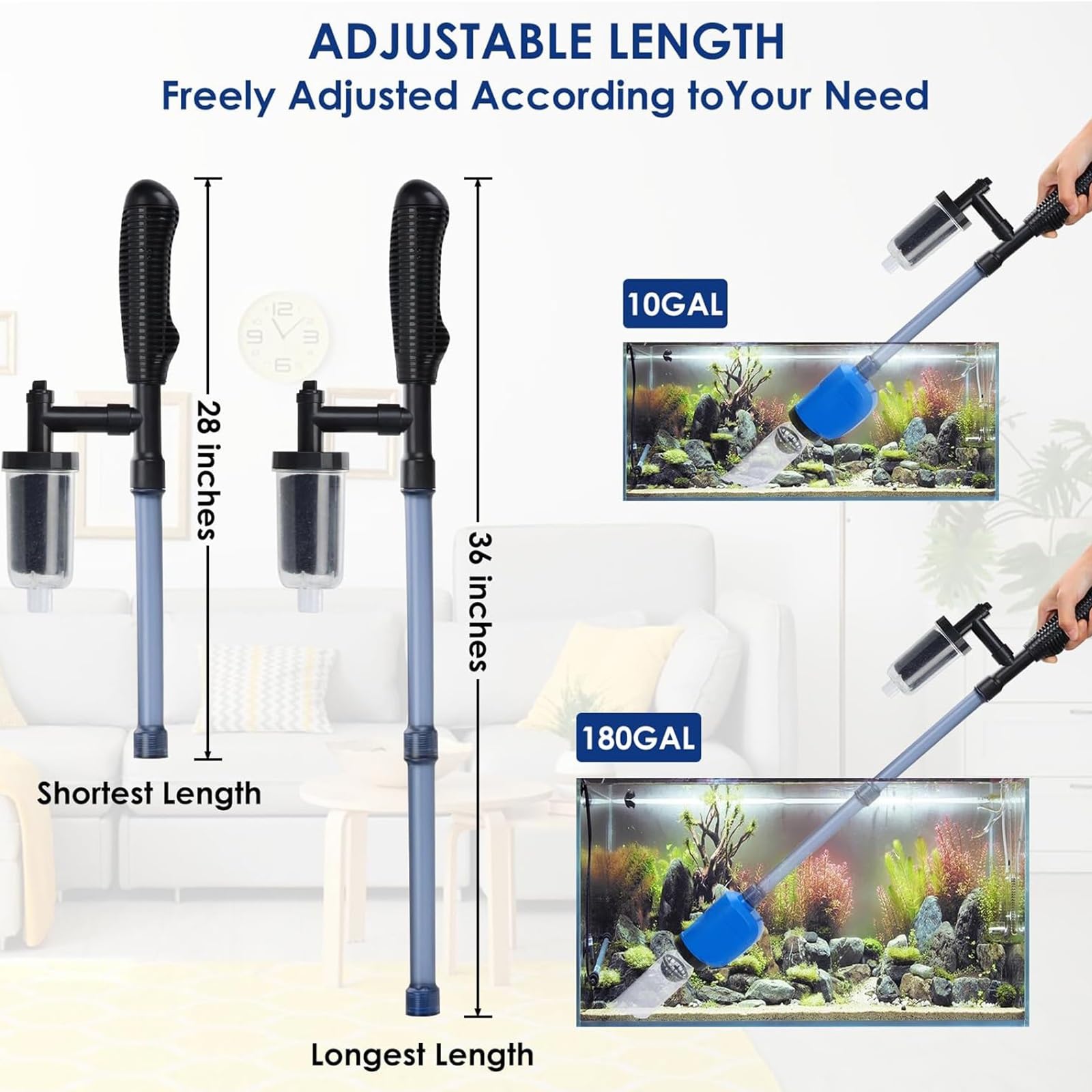 Nettoyeur de gravier for aquarium, kit d'aspirateur de sable for aquarium à changement rapide d'eau avec bouton de pression d'air, aspirateur à siphon for aquarium avec filet for aquarium for le chang