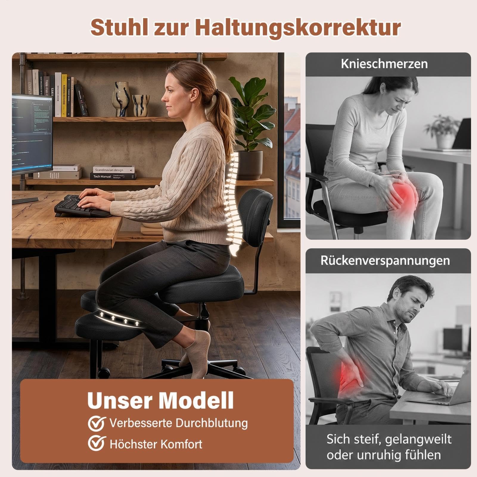 Meditationsstuhl, Crosses Legged Chair with Wheels, Yogastuhl ADHD Stuhl Mit Lendenwirbelstütze Und Verstellbarem Neigungswinkel, 47–59cm Einstellbare Höhe for Home and Offices