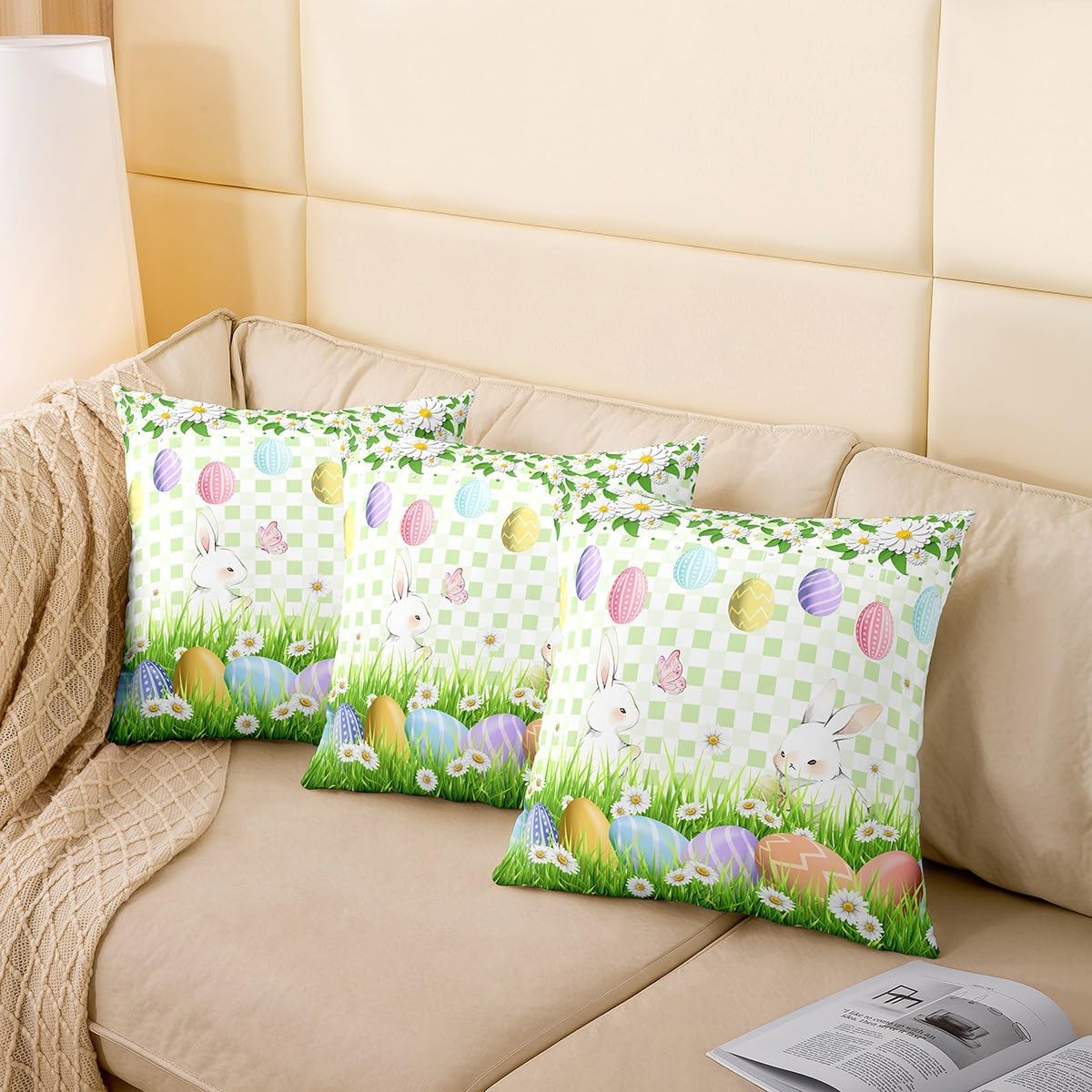 Lovely Rabbits Girls Pillow Covers 22x22 Inch Set of 2 Colorful Eggs Watercolor Butterfly Cushion Cases for Kids Teens Adults Wild Hippie Daisy Spring Rustic Cushion Covers for Couch Bedroom