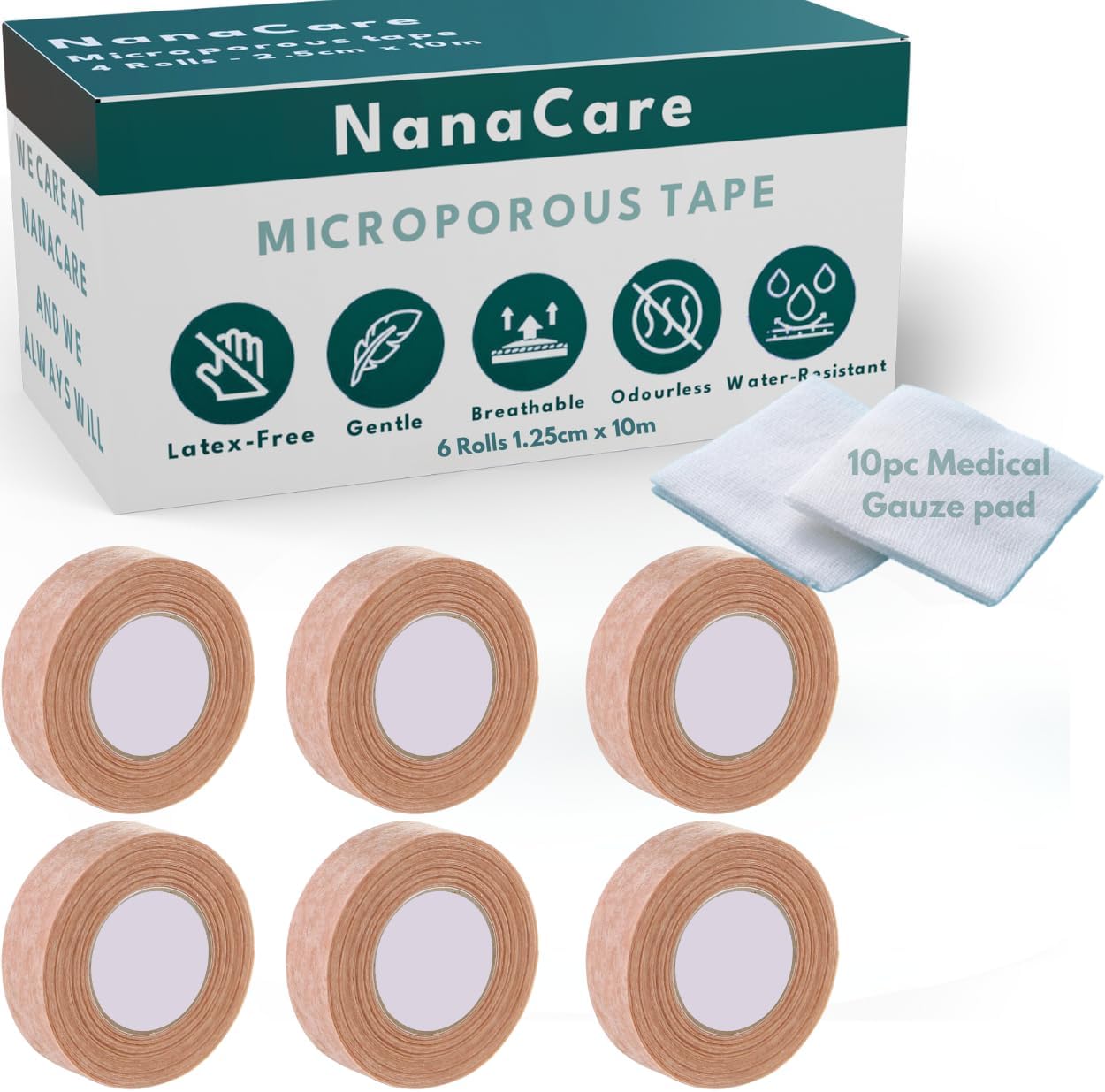 Microporous Medical Tape Waterproof, 6 Rolls 1.25cm x 10m + 10pc Gauze Pads - Hypoallergenic Surgical Tape for Wound Care, Dressings & Face, First Aid Waterproof Bandage for Sensitive Skin - NanaCare