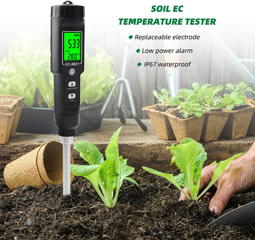 Soil Tester 2 in 1 Digital Soil EC/Temp Tester with Automatic Temperature Compensation, LCD Display, for Greenhouse Planting, Farmland Planting, Laboratory, Agriculture, Pot Planting