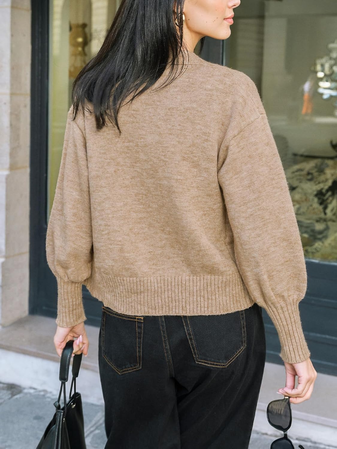 CUPSHE Women's Fall Lightweight Cropped Cardigan V Neck Puff Long Sleeve Button Down Open Front Sweater - Image 2