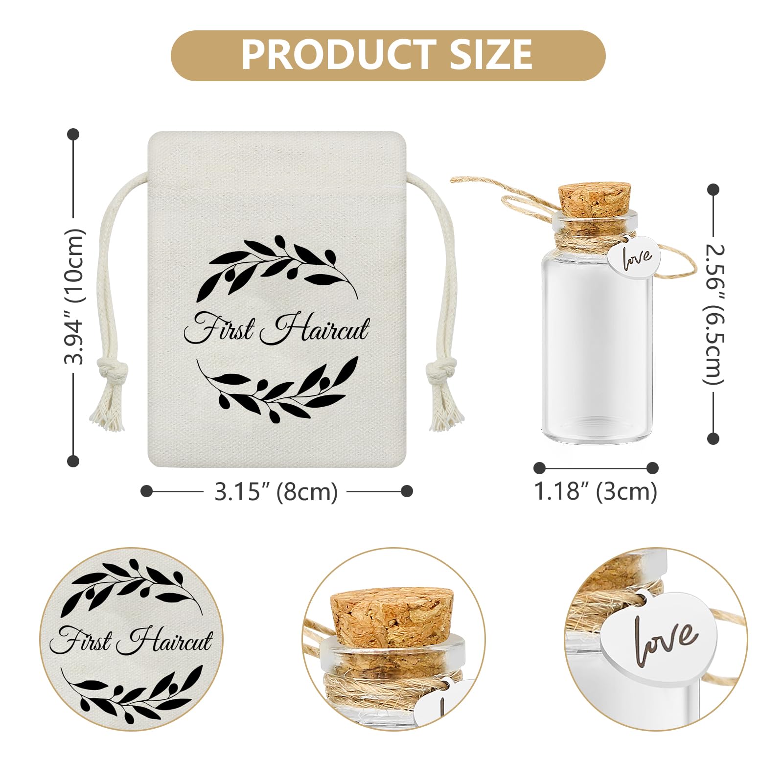 Bouteille Souvenir en Verre avec Bouchon en Liège pour Première Coupe de Cheveux de Bébé, idéale pour conserver les cheveux du fœtus et les commémorer, Coffret Cadeau (love)
