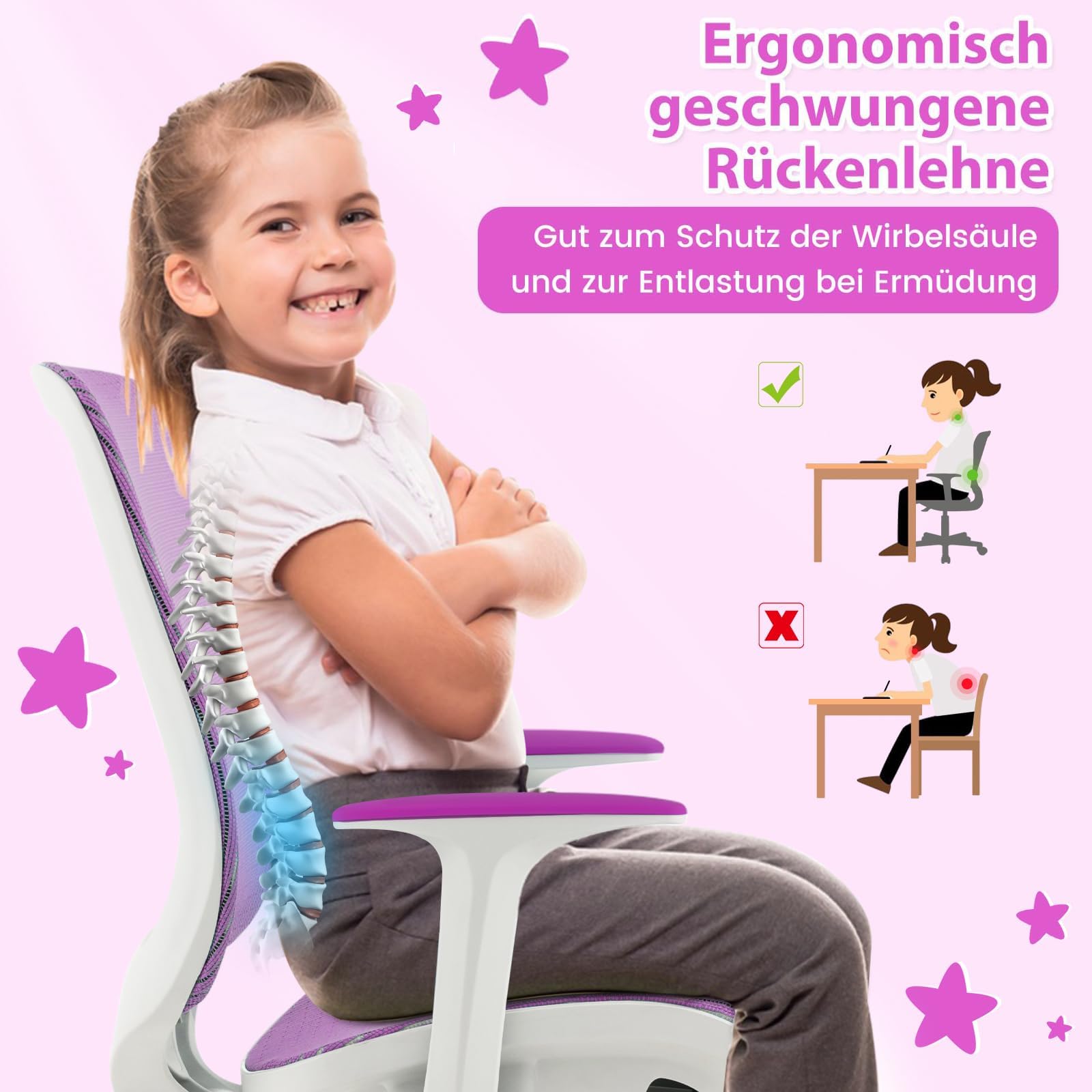 COSTWAY Kinder Schreibtischstuhl 360° drehbar, Sitzhöhe 43-55cm höhenverstellbar, Kinderdrehstuhl ergonomisch mit Rollen, Bürostuhl mit Rückenlehnen & Armlehnen für Kinder ab 6 Jahren (Lila)