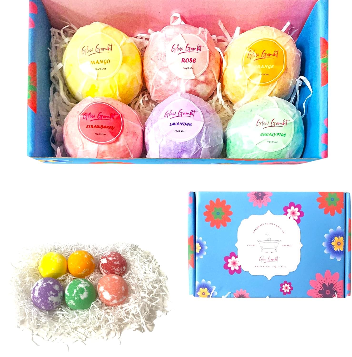 Bath Bombs Gift Set, 6 Large Natural Handmade Fruity & Floral Scent Bubble Bath Bombs for Women, Men, Kids, with Shea Cocoa Butter, Sea Salt, Eucalyptus - Perfect for Spa Gifts idea for Her/Him