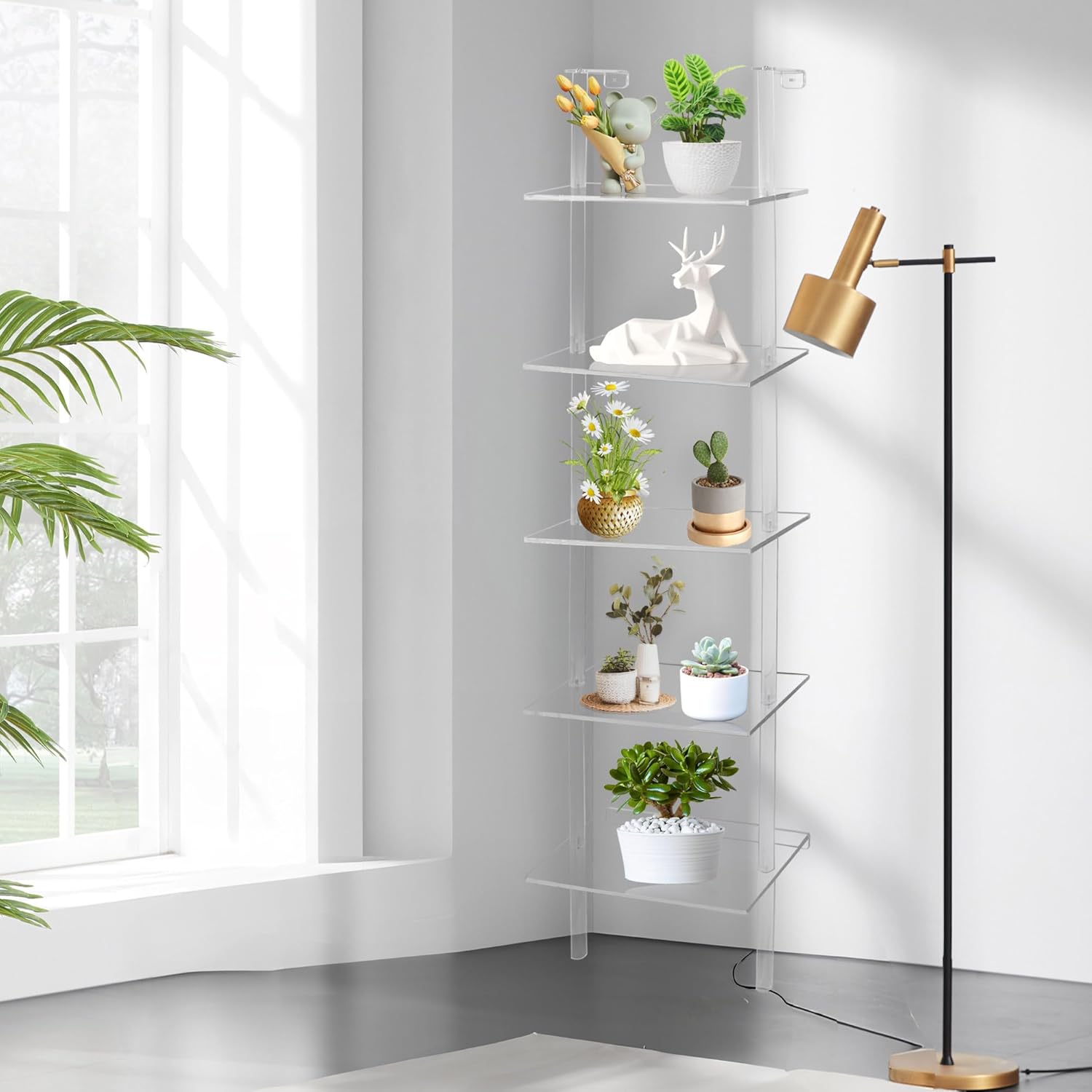 Acrylic Ladder Bookshelf 9.5" D x 15.6" W x 73" H Clear Bookcase Narrow Display Shelf for Small Space Wall Mounted Storage Rack for Living Room Bedroom Cloakroom Bathroom (5-Tier)