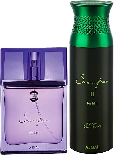 Ajmal Sacrifice for HER EDP Floral Musky Perfume 50ml for Women and Sacrifice II for Him Deodorant Fruity Aromatic Fragrance 200ml for Men+