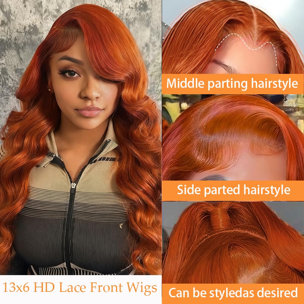 30 Inch Ginger Orange Lace Front Wigs Human Hair 13x6 Body Wave HD Transparent Lace Frontal Wigs for Women 200% Density Glueless Wigs 350 # Pre Plucked New Trend M Hairline Wig (Orange, 30 Inch)