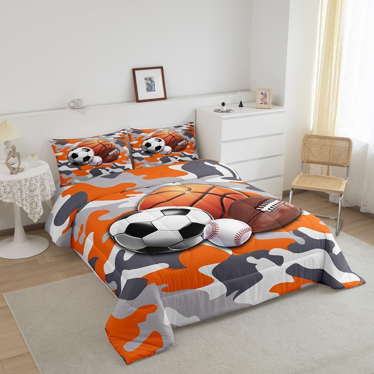 jejeloiu Ball Comforter Set Full Size Soccer Ball Game Comforter Gift for Ball Game Lover Bedding Set Baseball Duvet Set Room Decor Orange Quilt Set - Image 2