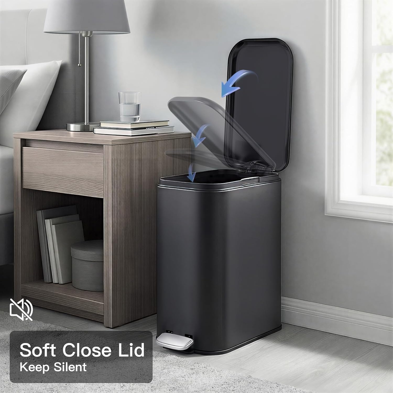 Odor-Seal Soft-Close Slim Trash Can – 12L Stainless Steel Indoor Waste Bin with Removable Inner Bucket, Sturdy Pedal & Carry Handle, Space-Saving for Kitchen, Bathroom, Office – Black