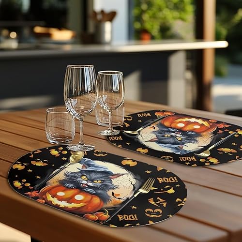 Miniatura 7 de Pumpkin Placemats Oval Placemats Set of 6 Black Cat Table Mats for Dining Tables Washable Heat Resistant Place Mats for Holiday Party Use 12X18 Inch
