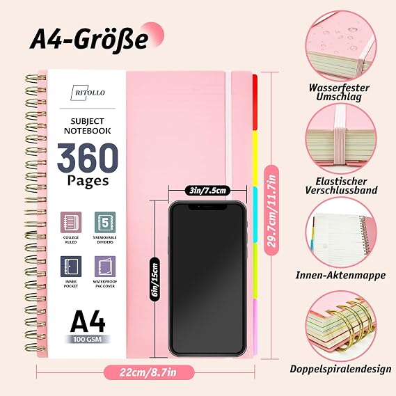 RITOLLO 360 Pages A4 Spiral Notebook with 5 Subjects Ruled College Style 100GSM Thick Paper Large Notebook with Removable Dividers for School Office Study and Work (Pink)