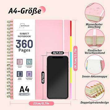 RITOLLO 360 Pages A4 Spiral Notebook with 5 Subjects Ruled College Style 100GSM Thick Paper Large Notebook with Removable Dividers for School Office Study and Work (Pink)