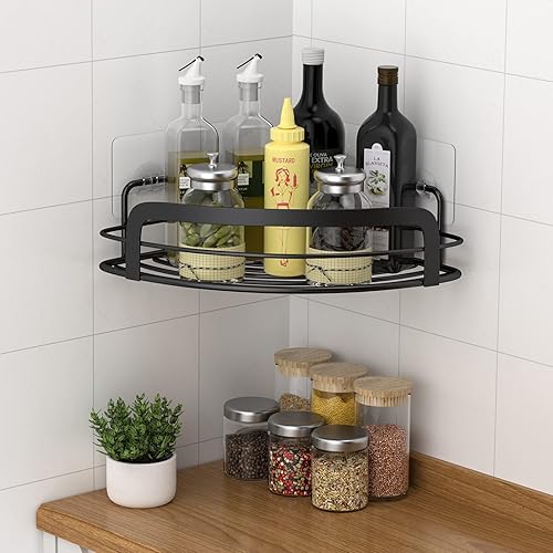 Miniatura 3 de STEUGO Estantes de ducha esquineros negros para baño, organizador de ducha adhesivo montado en la pared con 4 ganchos móviles, organizador de ducha