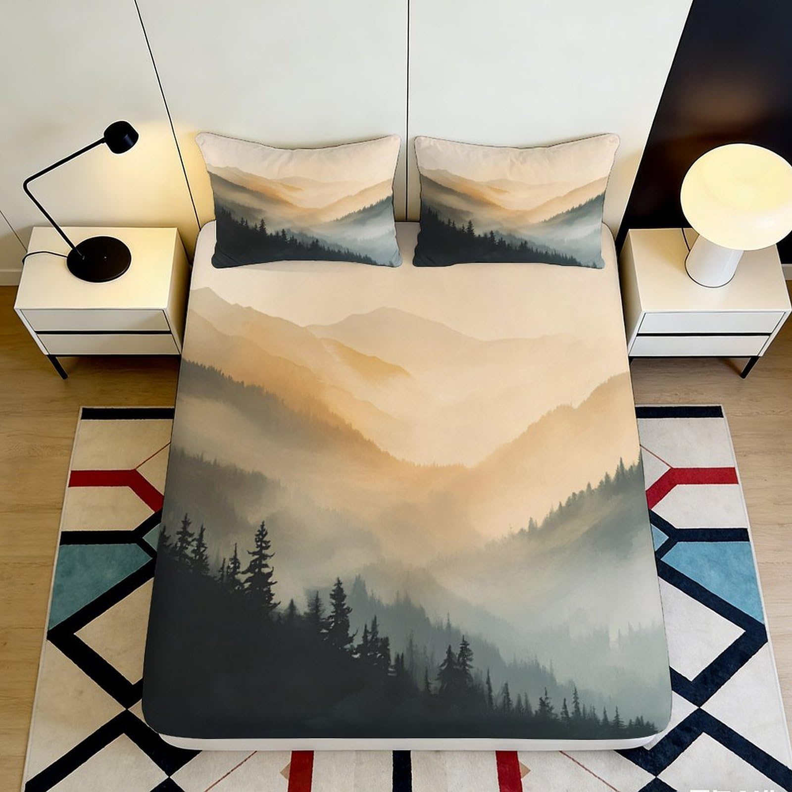 3D Printed Mountain Landscape Fitted Sheet Microfiber Soft Durable Misty Forest Bed Cover for Bedroom Dormitory Guest Room Mattress Protection 200x200x25cm