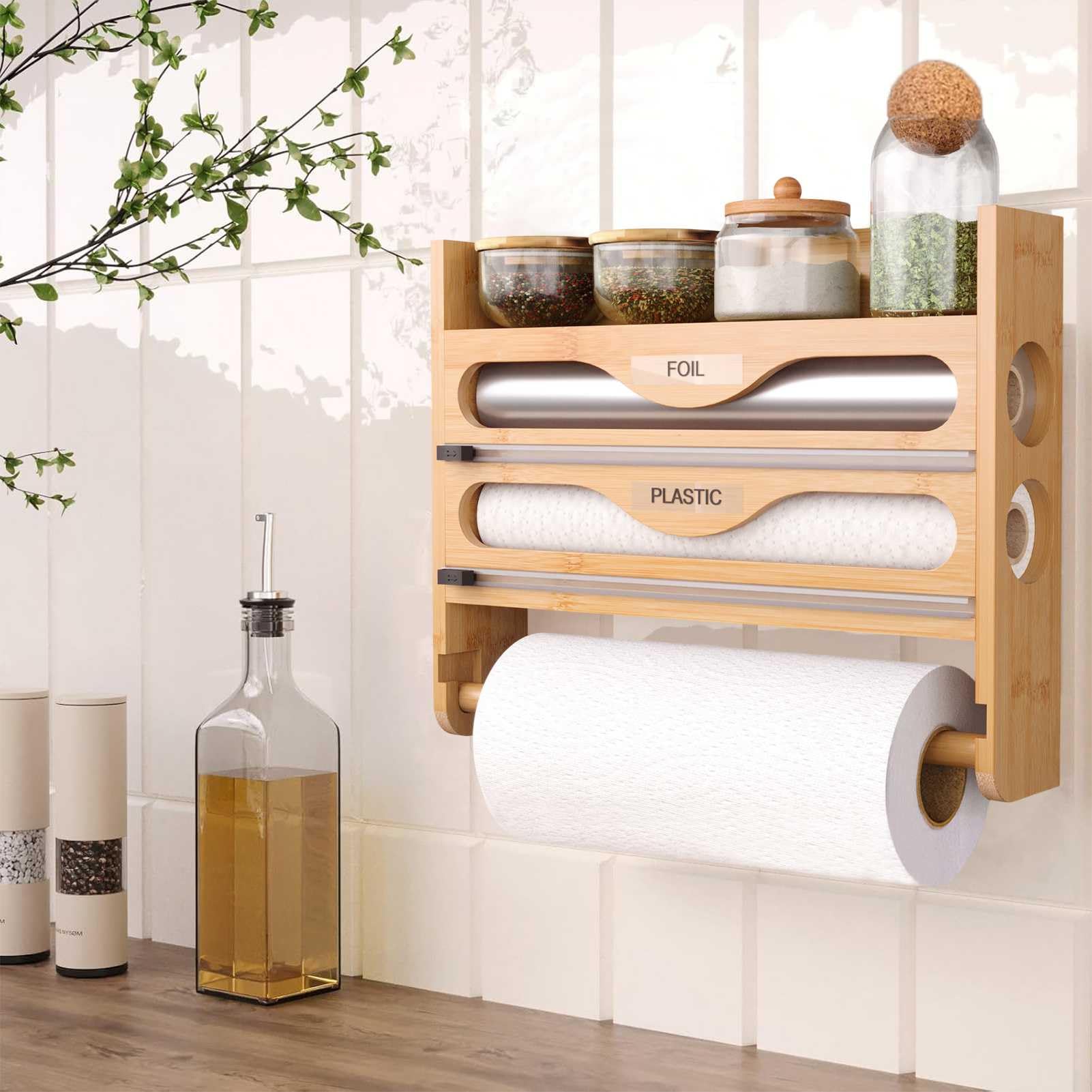 Dispensador Papel Aluminio y Film con Estante para Especias y Portarrollos Papel Cocina, Organizador Papel Aluminio y Film, Cortador Papel Aluminio y Film Se Adapta a Rollos de 12 Pulgadas